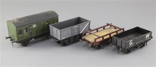 A GW open wagon, no.92007, in grey, a mineral wagon, no.B70134, in grey, an LMS flat wagon, no.46213,